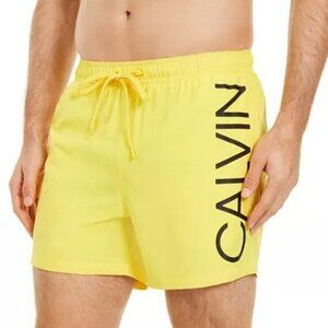 Calvin Klein Yellow Swim Trunks with Vertical Logo – Size Large